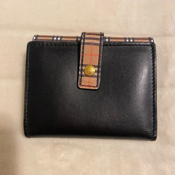 Authentic Burberry Black Leather and Plaid Canvas Wallet - Picture 2 of 10